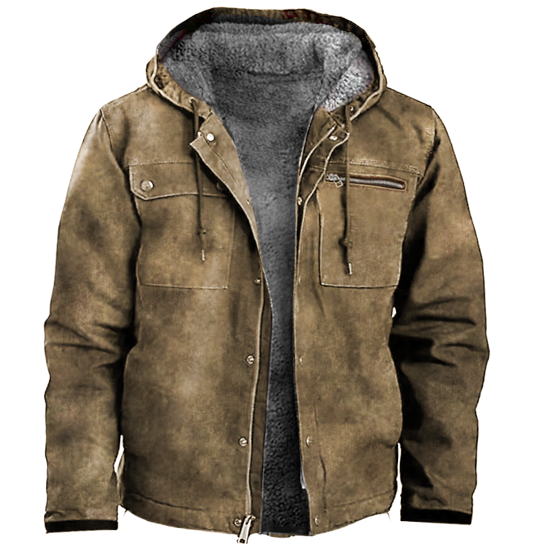 Men's Vintage Large Pocket Fleece Hooded Thick Outdoor Tactical Jacket