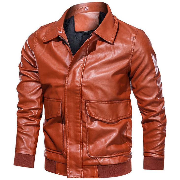 Men's Lapel Solid Color Large Pocket Biker Leather Jacket
