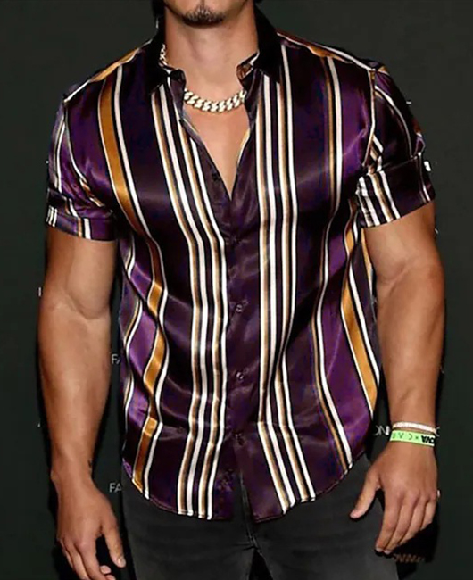 Casual Contrast Color Stripe Short Sleeve Lapel Collar Shirt