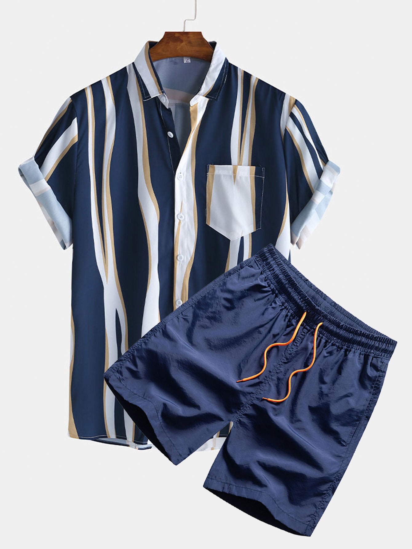 Wave Stripes Shirts & Palm Tree Print Swim Shorts