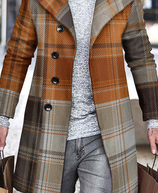 Plaid & Colorblock Lapel Collar Coat