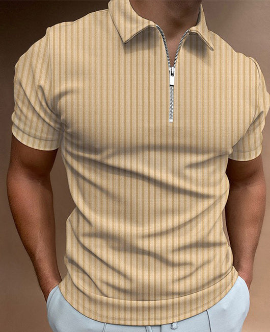 Basic Plain Vertical Stripe Lapel Neck Half Zip Short Sleeve Polo Shirt