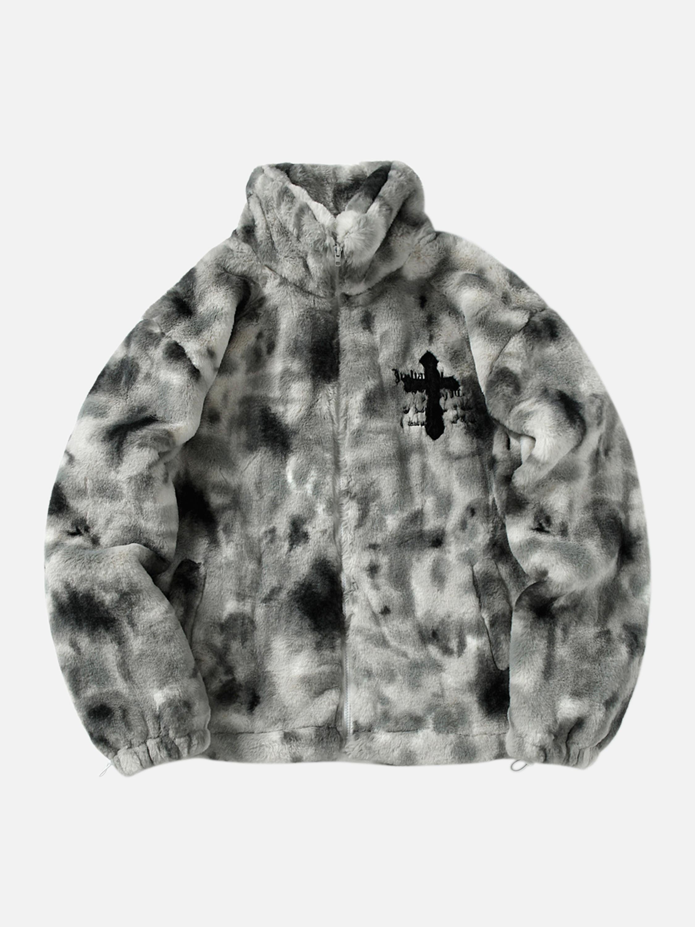 The Vimiaparty American Vintage Tie-dye Gradient Plush Cross Embroidered Lambswool Jacket