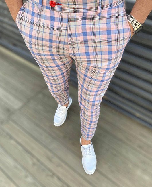 Casual Color Block Plaid Print Pocket Slim Fit Pencil Pants