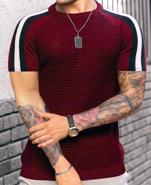 Casual Striped Print Round Neck Waffle Spliced Short Sleeve Top