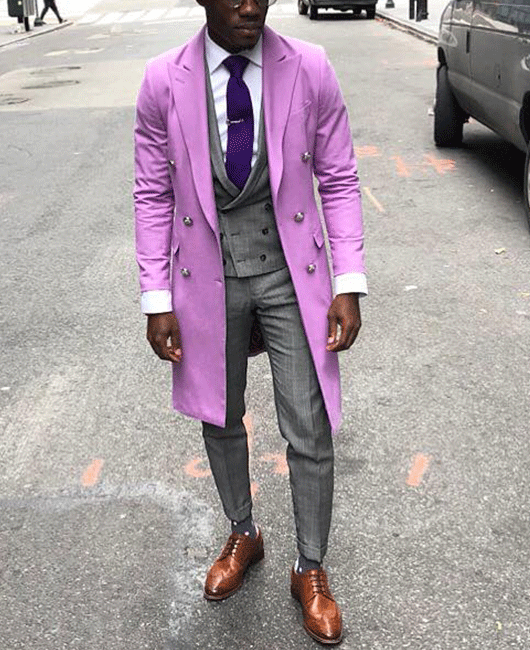 Purple Thin Woolen Double Breasted Lapel Collar Coat